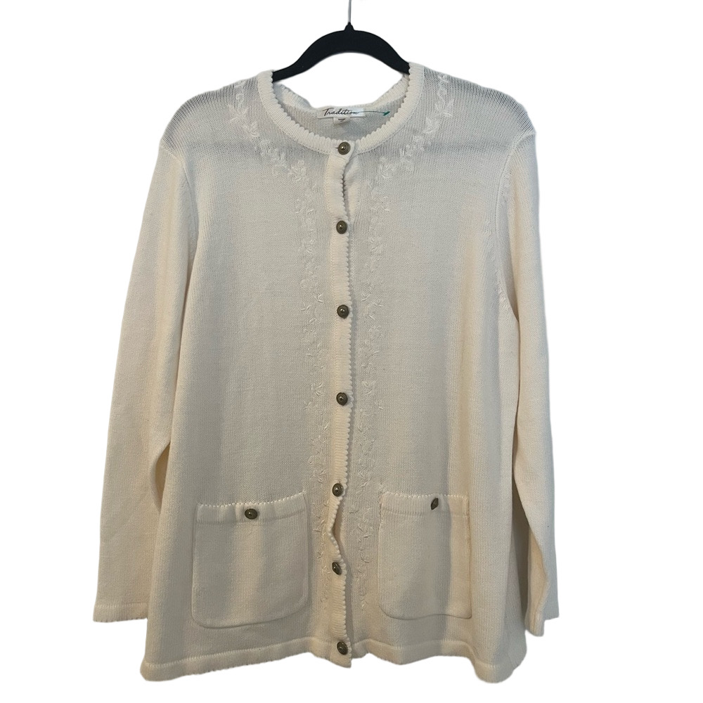 Vintage Tradition White Embroidered Cardigan Sweater Cottage Core Size: 2X